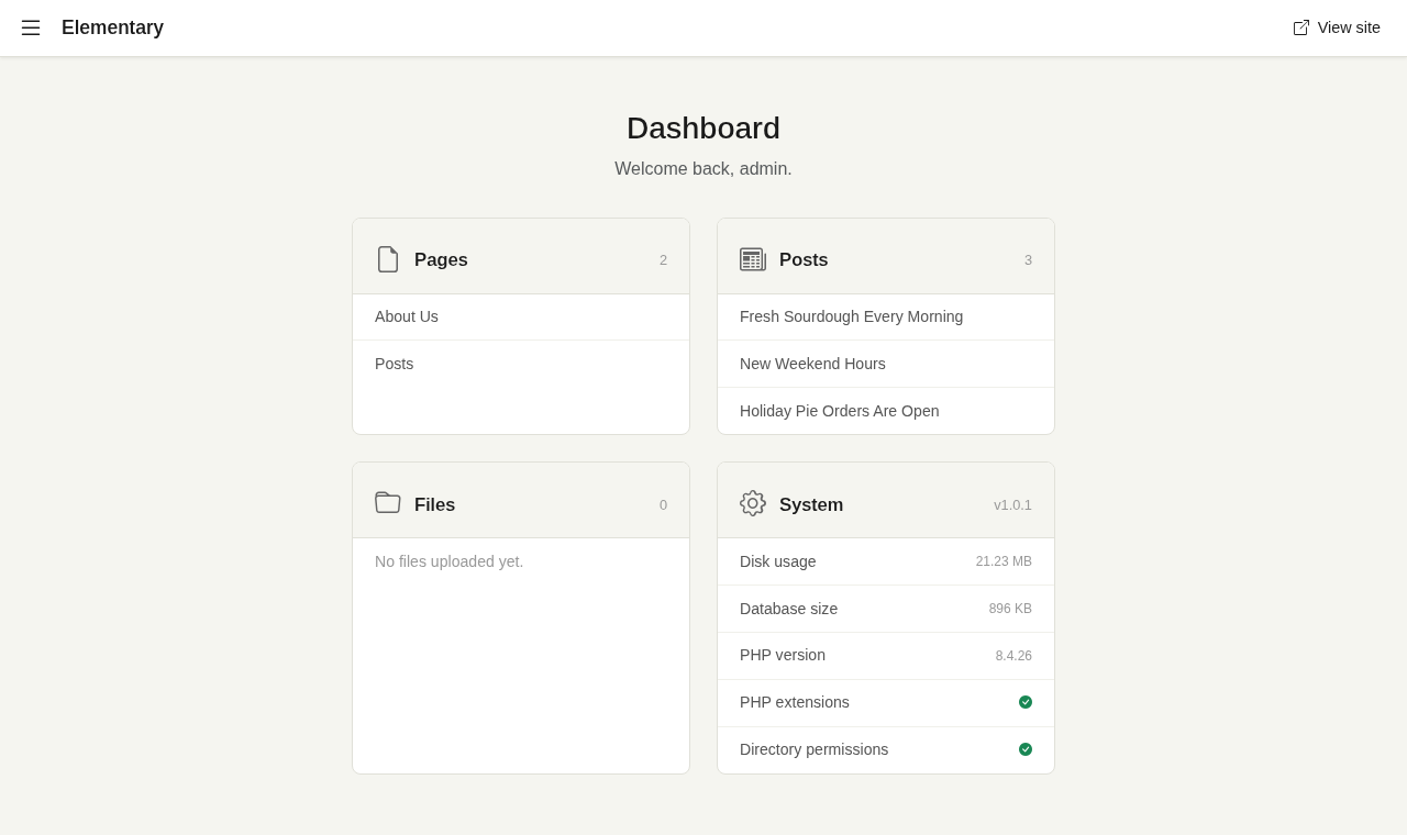 The Elementary admin dashboard with Pages, Posts, Files, and System panels.