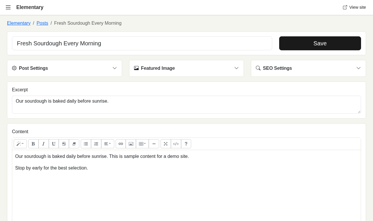 The Elementary post editor with title, post settings, featured image, SEO settings, excerpt, and a rich text content editor.