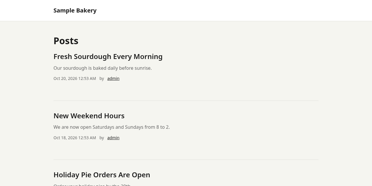 A sample bakery website built with Elementary's default 2026 theme, showing a list of posts.